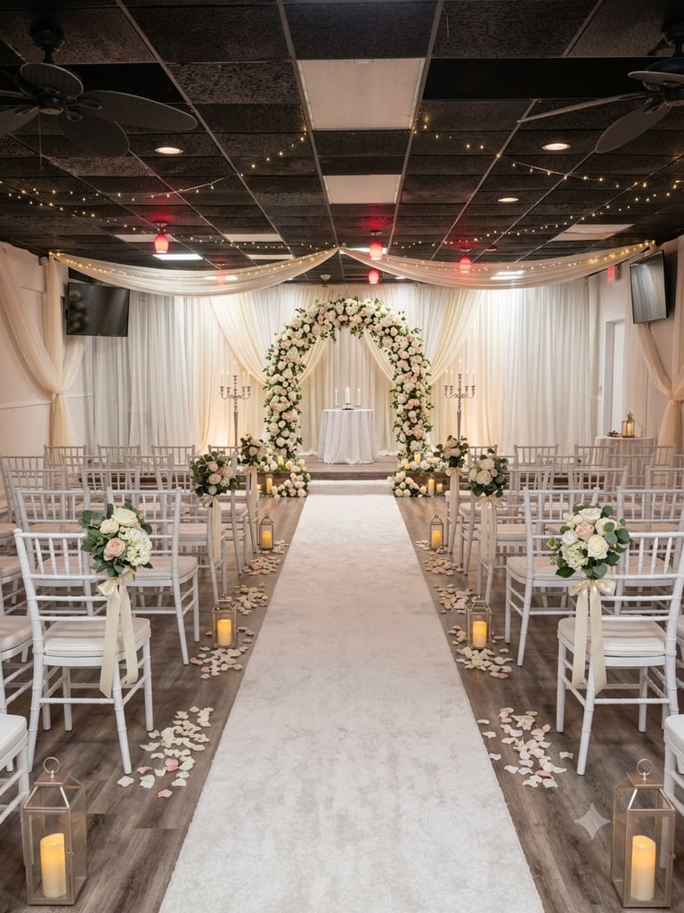 Flexible seating arrangement in the Masters Economy Inn event space, configured with rows and an aisle